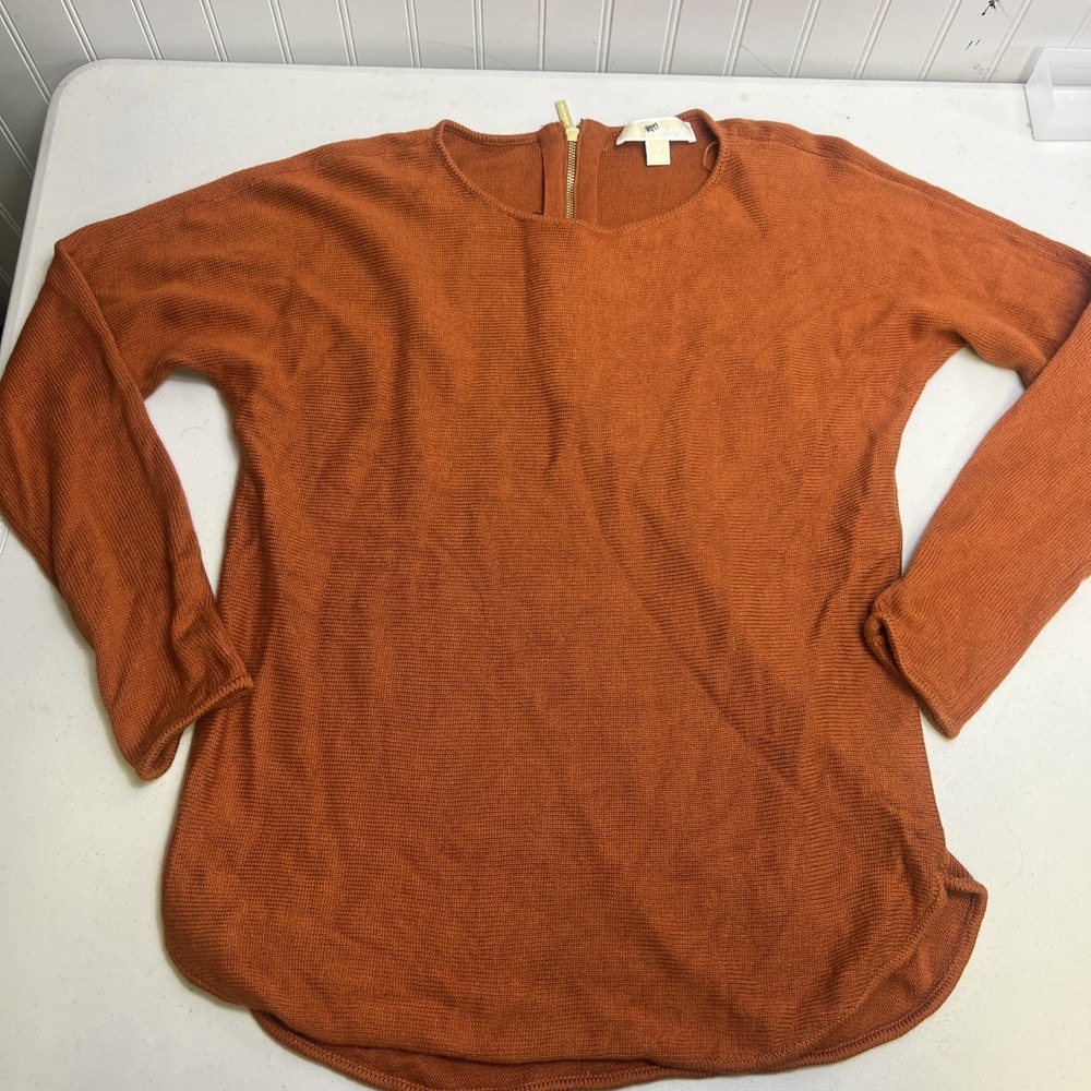 Michael Kors Women's Small Orange Knit Sweater Back Zip Long Sleeve Lightweight